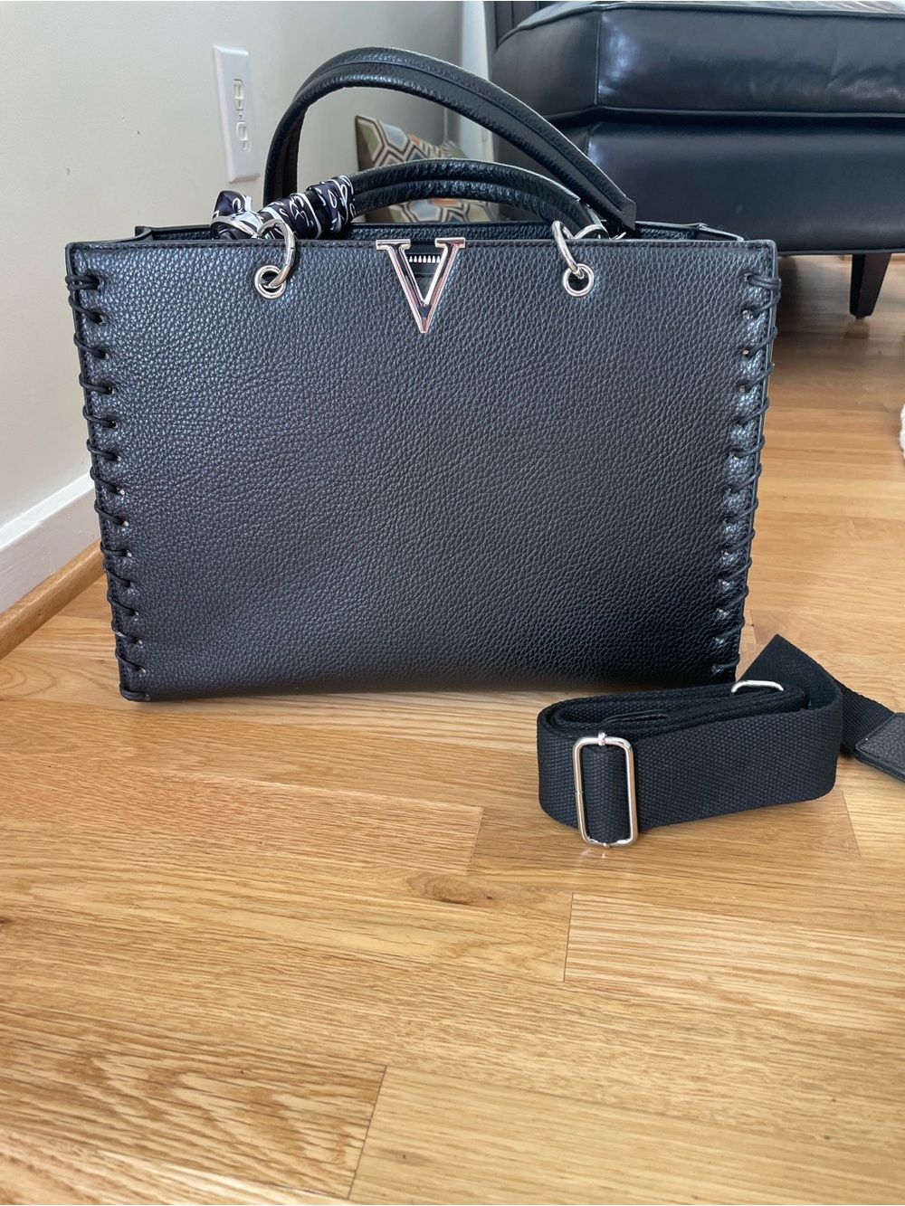 Black faux Leather Tote with V Accent - Women's Bag